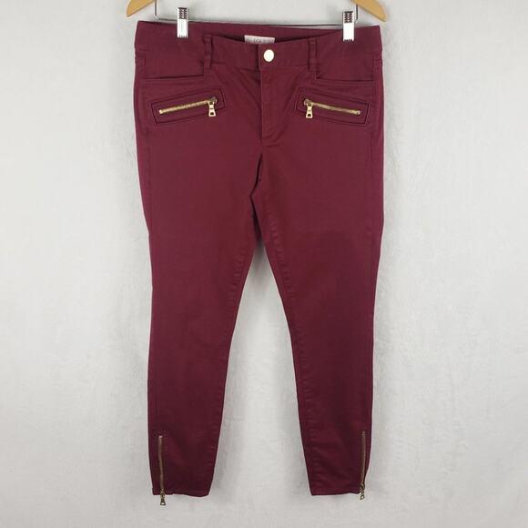 Ann Taylor LOFT Skinny Jean Size 6 Marisa Burgundy Moto Gold Ankle Pocket Zipper - Picture 4 of 9